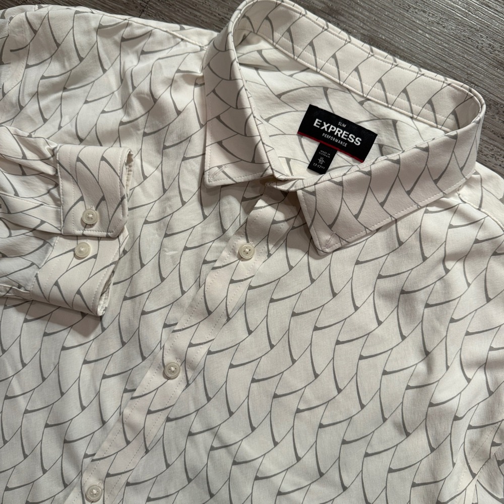 Express Shirt Mens XL White Gray Geometric Nylon Slim Fit Performance Stretch